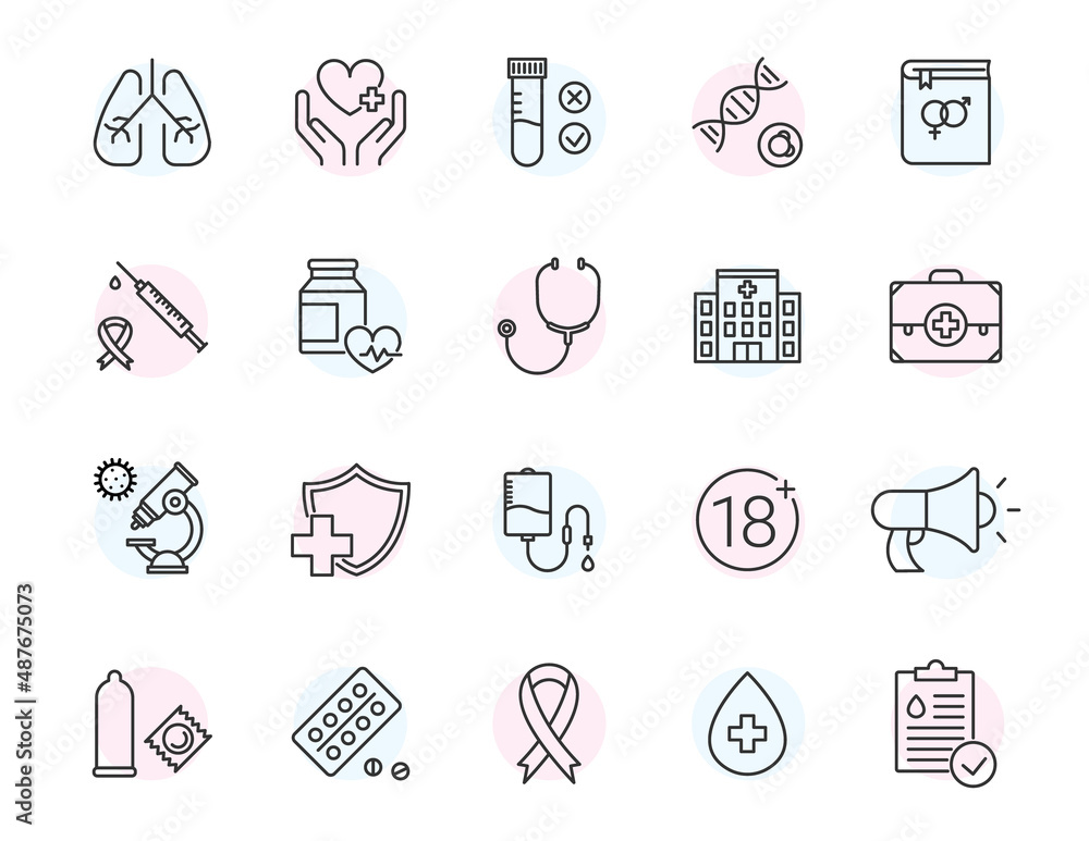 HIV and AIDS vector line icon contain condom hospital sex icon hiv test medical aids pictogram cancer sign - obrazy, fototapety, plakaty 