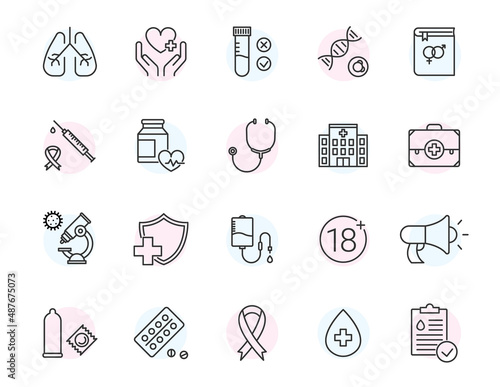 HIV and AIDS vector line icon contain condom hospital sex icon hiv test medical aids pictogram cancer sign