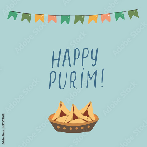 Happy Purim lettering, Jewish holiday and traditional elemets. vector illustration
