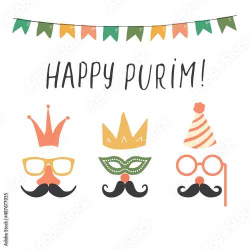 Happy Purim lettering, Jewish holiday and traditional elemets. vector illustration