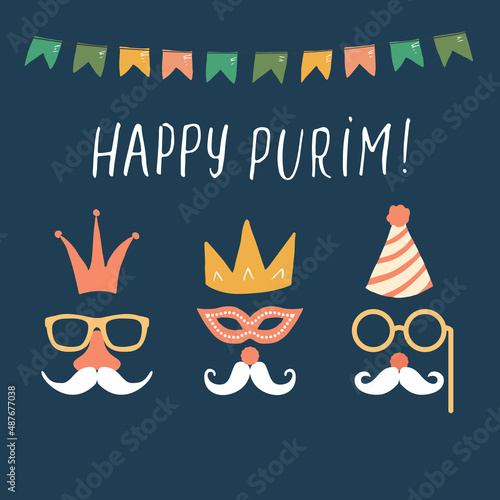 Happy Purim lettering, Jewish holiday and traditional elemets. vector illustration