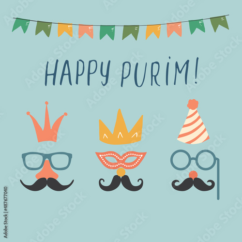 Happy Purim lettering, Jewish holiday and traditional elemets. vector illustration