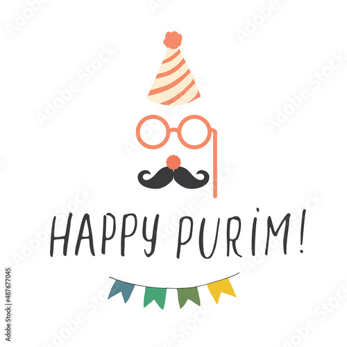 Happy Purim lettering, Jewish holiday and traditional elemets. vector illustration