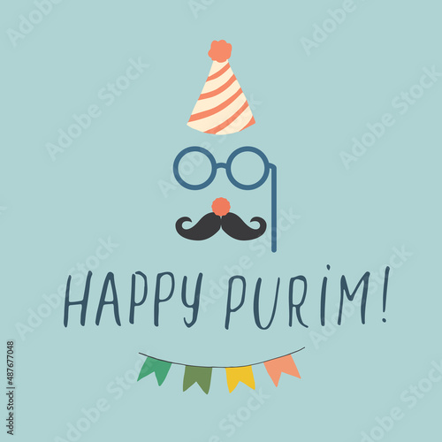 Happy Purim lettering, Jewish holiday and traditional elemets. vector illustration