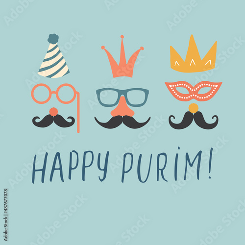 Happy Purim lettering, Jewish holiday and traditional elemets. vector illustration