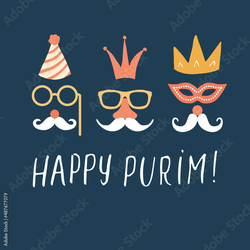 Happy Purim lettering, Jewish holiday and traditional elemets. vector illustration