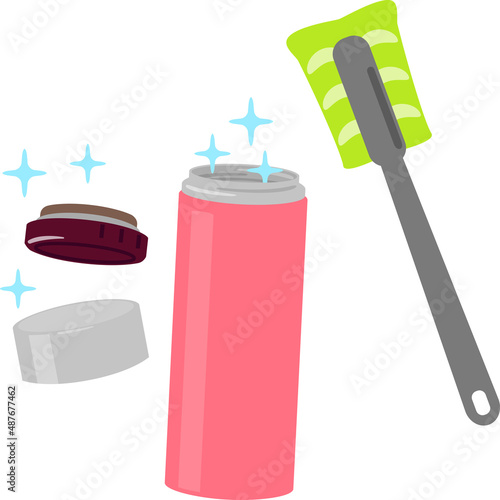 清潔な水筒と柄付きのスポンジ