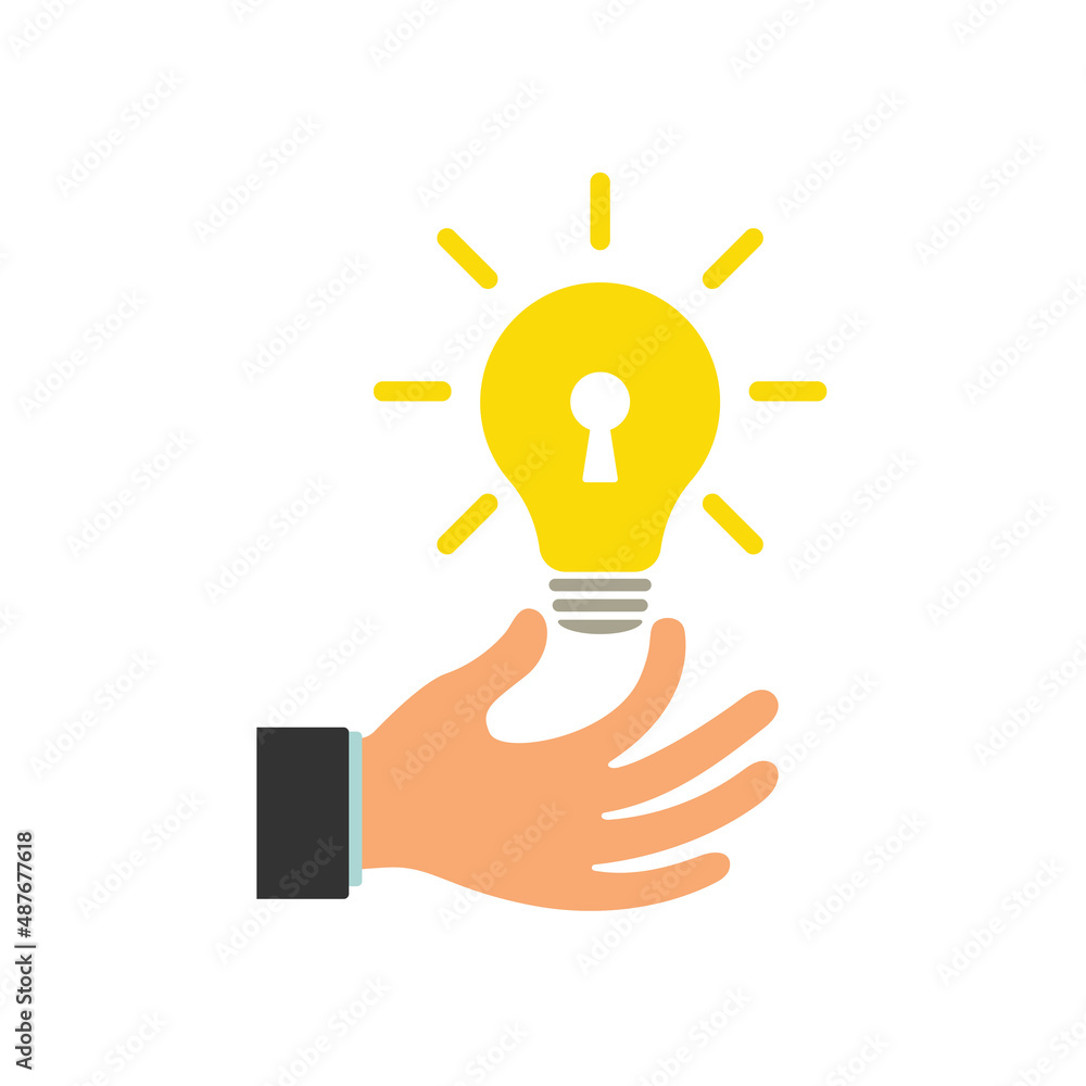 Glowing light bulb in a businessman's hand. Hand with a light bulb and keyhole. Patented solution. Illustration. Glowing light bulb in a businessman's hand. Hand with a light bulb and keyhole. Patented solution. Illustration.