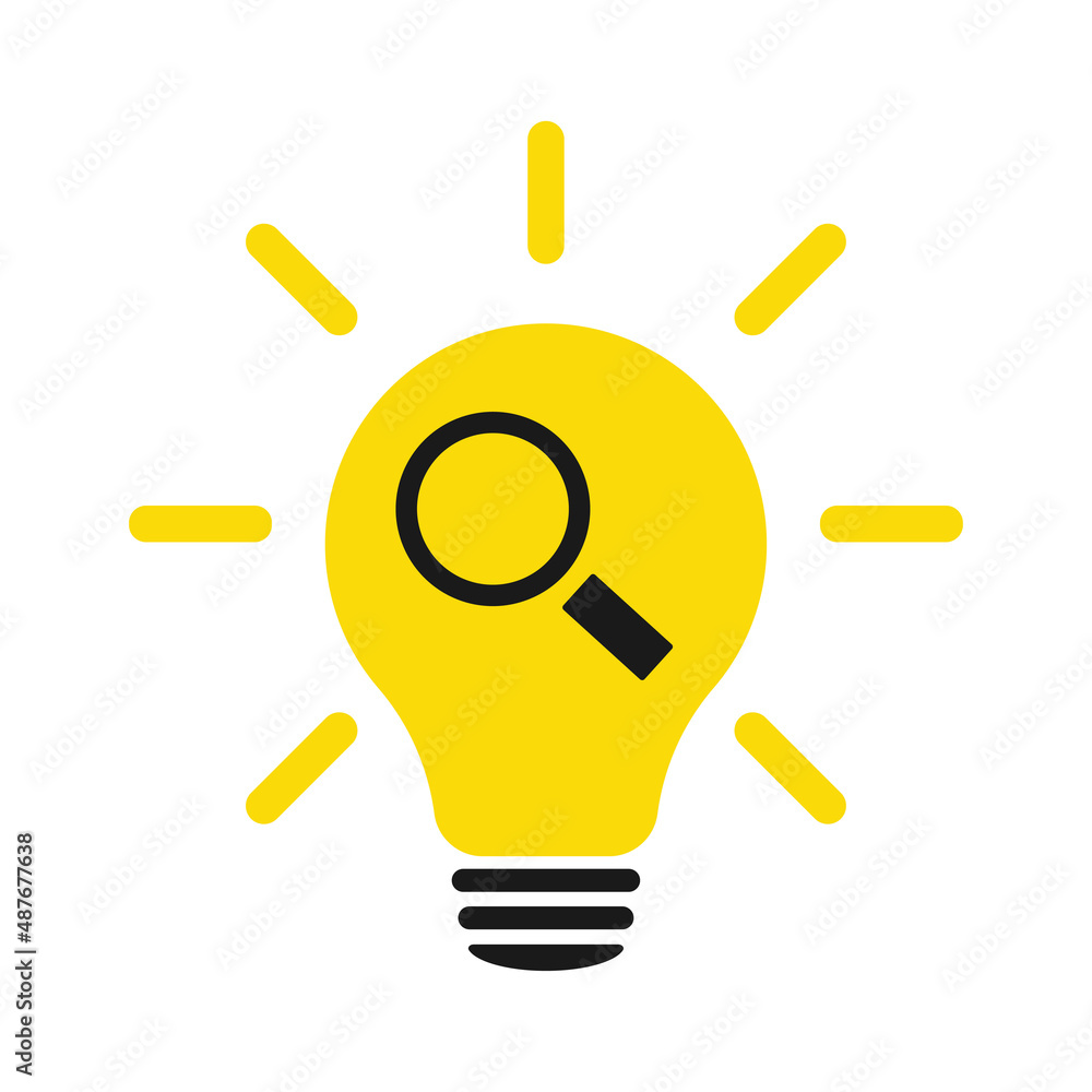 Idea concept, light bulb and magnifying glass icon. Illustration.