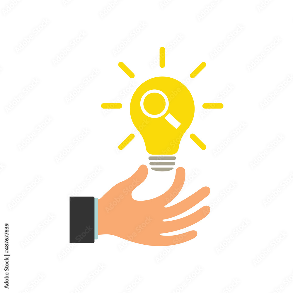 Glowing light bulb with a magnifying glass in a businessman's hand. Magnifying glass icon with light bulb. The concept of searching for business ideas. Illustration. Glowing light bulb with a magnifying glass in a businessman's hand. Magnifying glass icon with light bulb. The concept of searching for business ideas. Illustration.