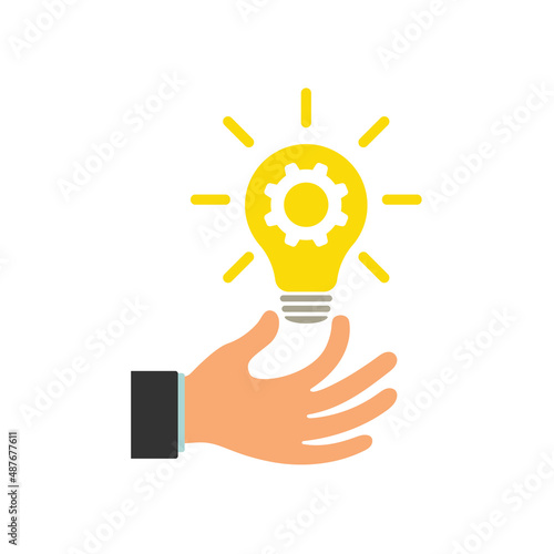 Glowing light bulb in a businessman's hand. Hand with a light bulb. An innovative lamp and cogwheel. Illustration.