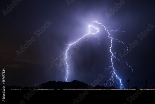 Dramatic thunderstorm lightning strike over a mountain