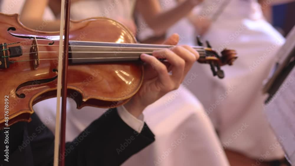 Violin player, fiddler violinist with a bow performing music on stage during concert with orchestra and musical band in the background
Violin player, fiddler violinist with a bow performing music on stage during concert with orchestra and musical band in the background