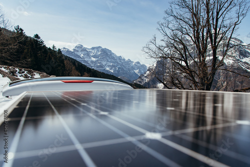 Solar panels on a roof of a camping van - self-sufficient camping
