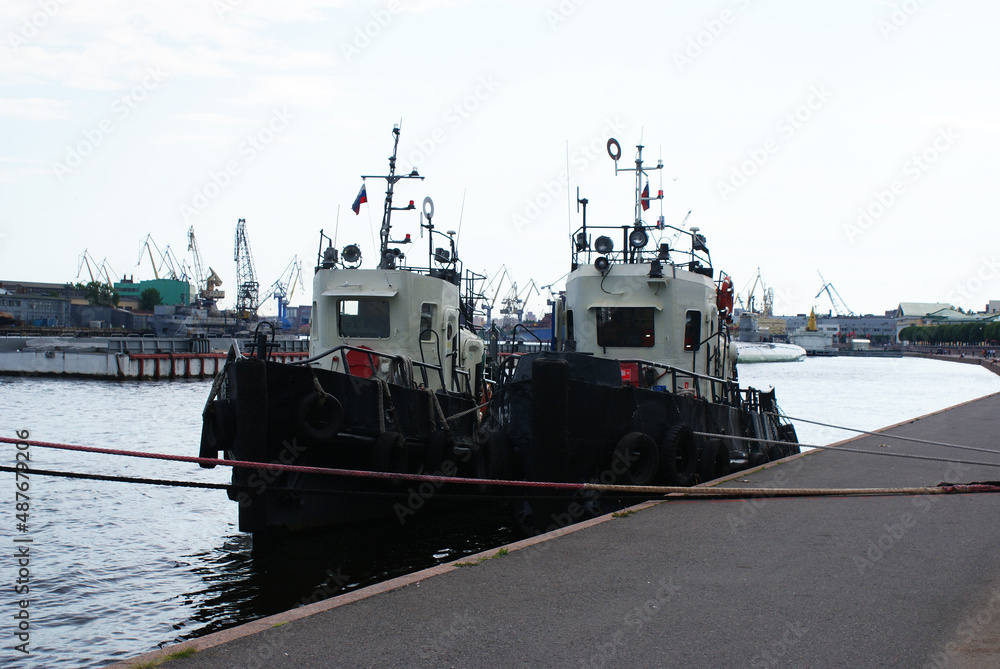 Fototapeta premium The ship is moored on the waterfront near the shipyard, a cargo ship.