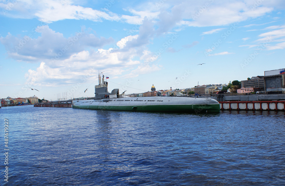 Submarine moored on the waterfront, navy.