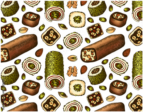 Outline drawing pattern of Turkish delight isolated on transparent background. Sketch hand drawn rahat lokum wallpaper, jelly sweets with hazelnut, cocoa, pistachio, chocolate. Vector illustration.
