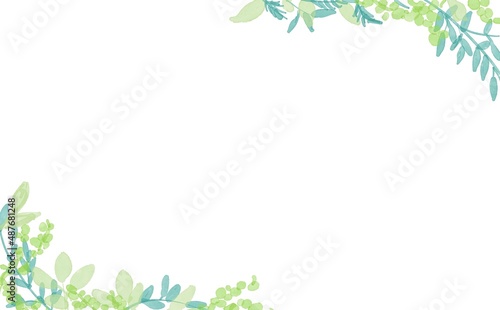 水彩画。水彩画で描いた緑のハーブイラスト。草木の植物フレーム。シンプル背景。Watercolor painting. Green herb illustration in watercolor. Plants and trees plant frame. Simple background.