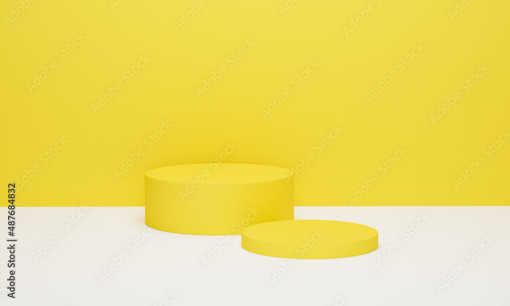 Cylinder podium on yellow background minimal scene with yellow geometric platform. Podium stand for products display. 3d render, 3d illustration. Cylinder podium on yellow background minimal scene with yellow geometric platform. Podium stand for products display. 3d render, 3d illustration.