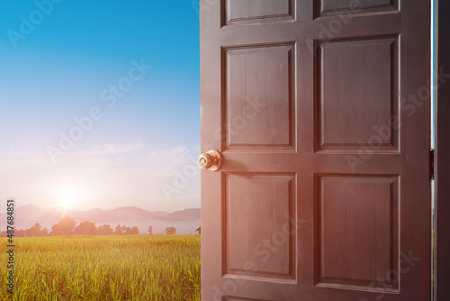 open door with a view of green rice field at sunrise sky background.