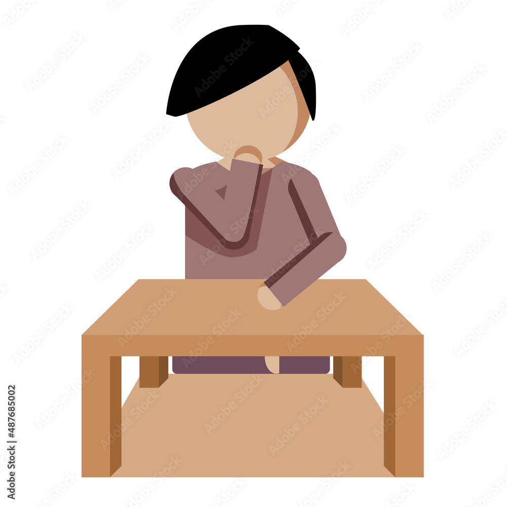 Man Sitting with cheerful emotion, with Wooden Table Man Sitting with cheerful emotion, with Wooden Table