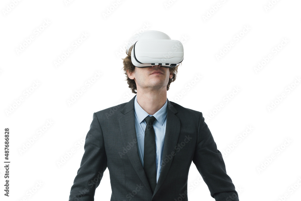 Young businessman wearing VR glasses standing over isolated white background. Young businessman wearing VR glasses standing over isolated white background.