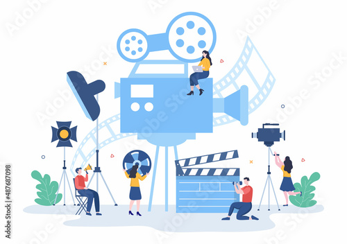 Movie Studio with Camera Crew Team People, Directur, lights, Microphone on Scene Shooting Location for Making Film in Flat Design Background Illustration