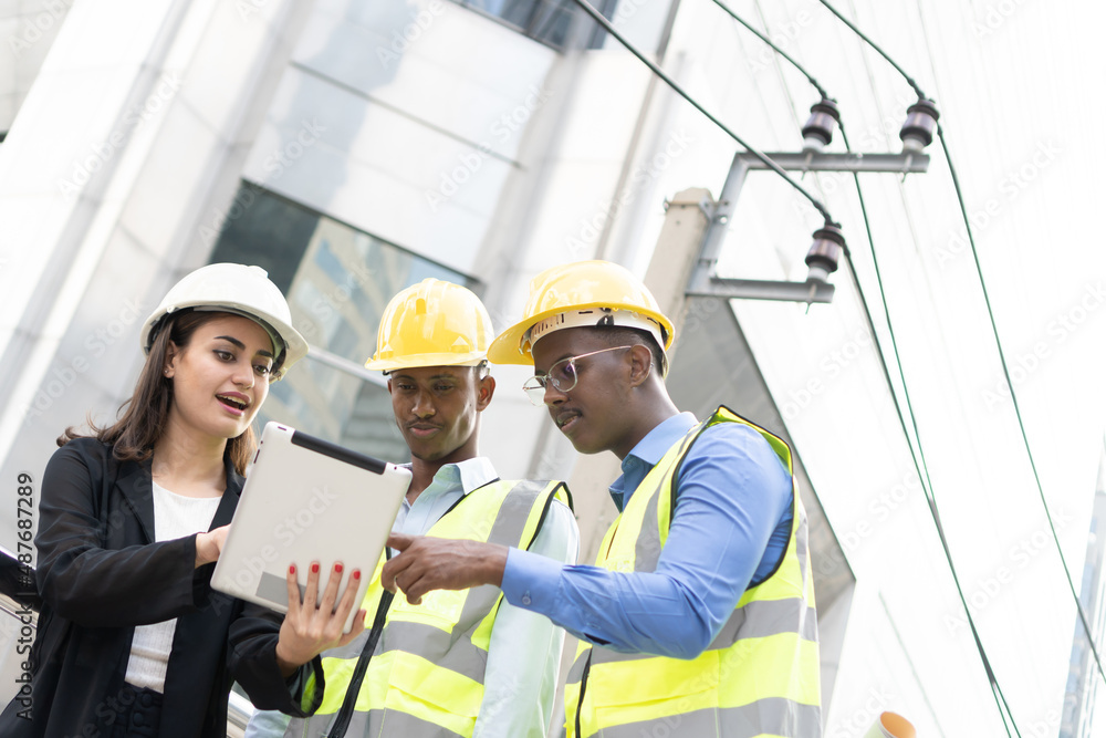 Group of Engineer Worker Wearing Safety Uniform and Hard Hat Uses Tablet Computer. Happy Successful. Group of Engineer Worker Wearing Safety Uniform and Hard Hat Uses Tablet Computer. Happy Successful.