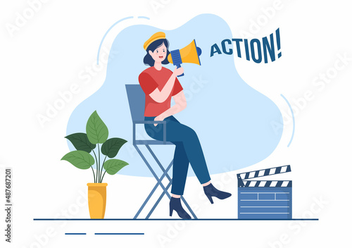 Movie Studio with Camera Crew Team People, Directur, lights, Microphone on Scene Shooting Location for Making Film in Flat Design Background Illustration