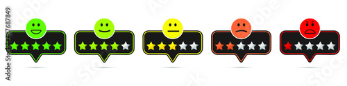 Vector emoticons label for rating survey, customer reviews. Set of moods from angry to happy. Round colored black editable stroke icons. Satisfaction scale, stars excellent, good, normal, bad, awful.