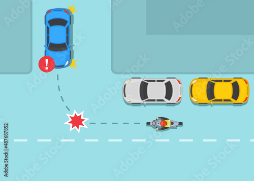 Safety car driving and bike riding rules. Traffic regulating on three way junction and crossroads. Dangerous left turn in front of hidden motorcycle. Flat vector illustration template.