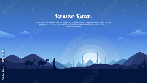 Landscape illustration of Ramadan kareem with silhouette of mosque and traveler carrying camel in desert