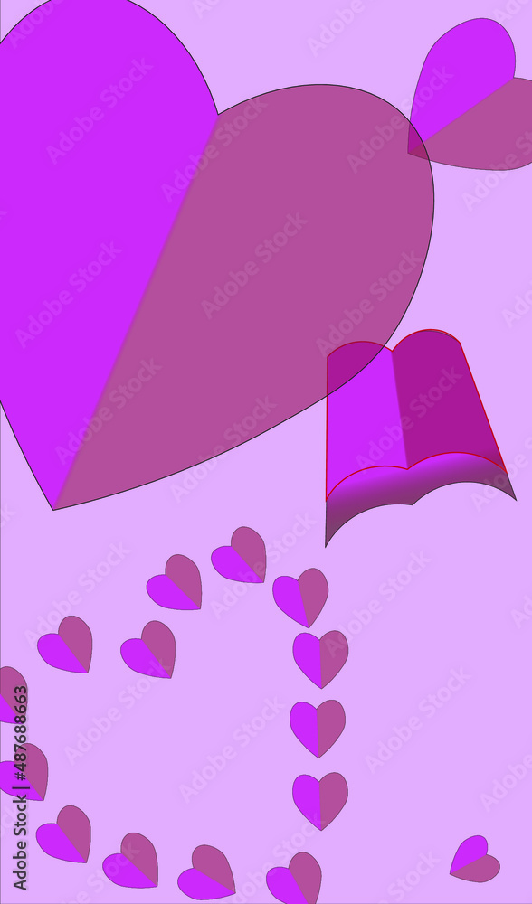 Fototapeta premium Pink background with hearts and clouds
