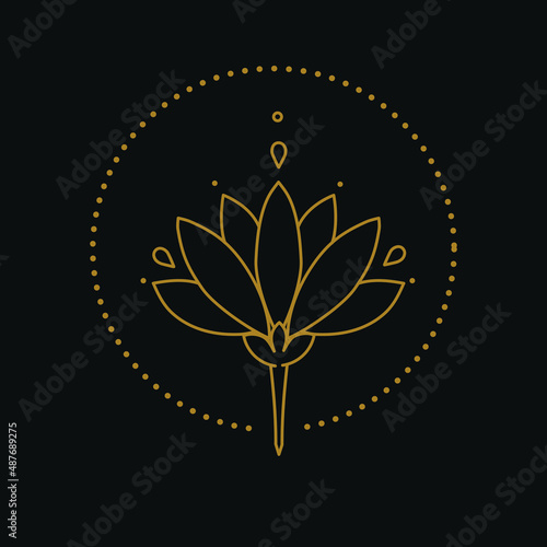 golden lotus on a black background, a stylized flower from the lines, vector illustration