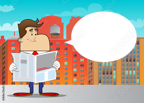 Simple retro cartoon of a businessman reading newspaper. Professional finance employee white wearing shirt with red tie.
