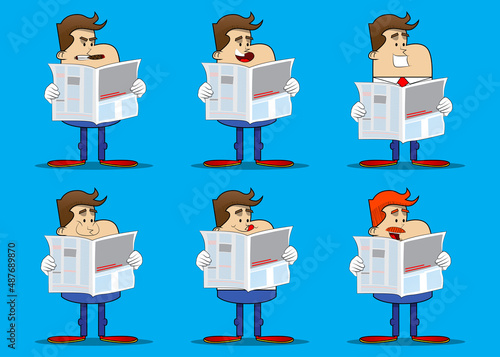 Simple retro cartoon of a businessman reading newspaper. Professional finance employee white wearing shirt with red tie.