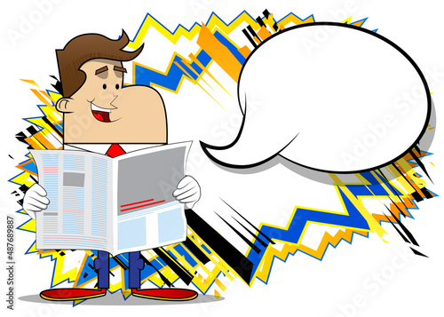 Simple retro cartoon of a businessman reading newspaper. Professional finance employee white wearing shirt with red tie.