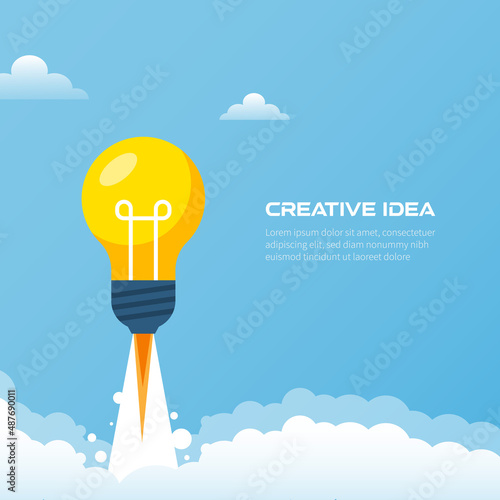 Creative idea. Bright luminous bulb in the form of a rocket flies up with text. Startup, Brainstorm, creating a new concept