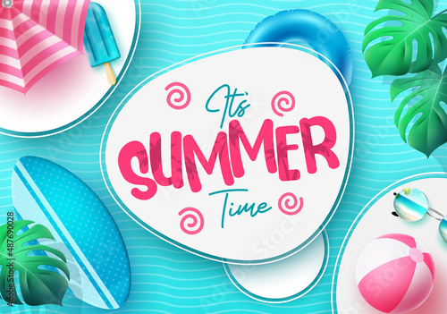 Summer time vector template design. It's summer time text in floating white space with pool water background for relax and enjoy outdoor vacation. Vector illustration.
