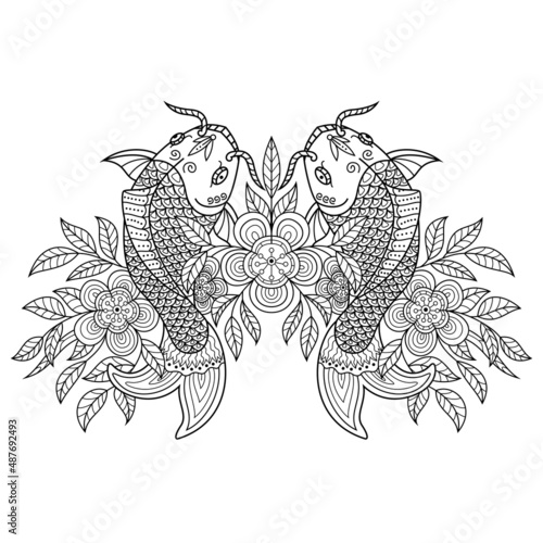 Hand drawn of koi fish with flower in zentangle style