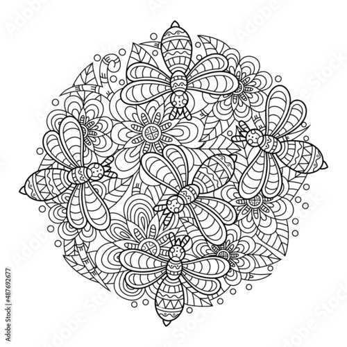 Hand drawn of Bee and flower in zentangle style