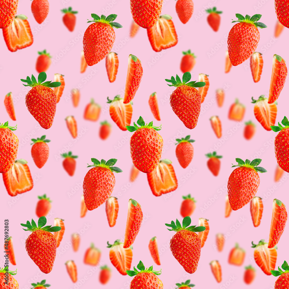 Fresh strawberry seamless pattern. Ripe strawberries isolated on pink. Package design background. Falling strawberry selective focus. Fresh strawberry seamless pattern. Ripe strawberries isolated on pink. Package design background. Falling strawberry selective focus.