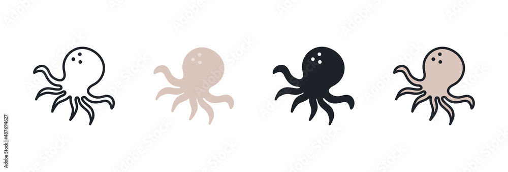 Octopus icon. Linear flat color icons contour shape outline. Black isolated silhouette. Fill solid icon. Modern glyph design. Set of vector illustrations. Meat products fish and sea food. Marine life Octopus icon. Linear flat color icons contour shape outline. Black isolated silhouette. Fill solid icon. Modern glyph design. Set of vector illustrations. Meat products fish and sea food. Marine life