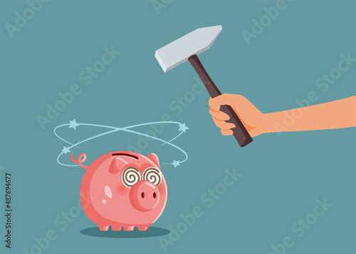 Hand with Hammer Hitting Piggy Bank Vector Cartoon Illustration