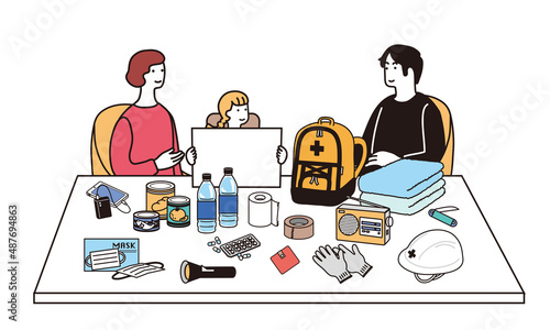 防災グッズと点検をする家族のシンプルなイラスト