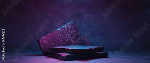 Elegant And Luxurious Smoke Atmosphere Platform Stage Smooth Subtle Blue Purple Neon Colors Product Background 3D Illustration