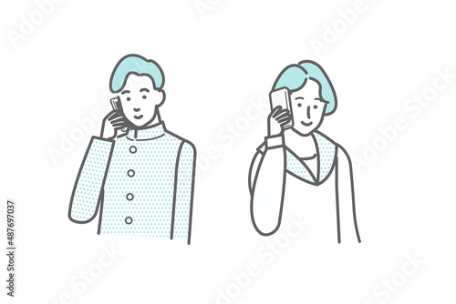 スマートフォンを持った男女の学生のイラスト
