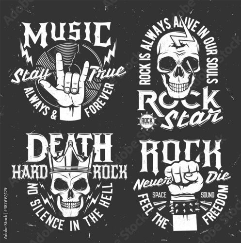 Tshirt prints with skulls and gesturing hand, vector mascot for rock music band apparel design. T shirt prints with typography, cranium with beard and crown, isolated emblems for heavy metal festival