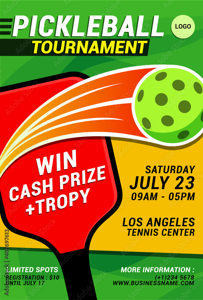 pickleball tournament flyer vector template with bright colors. Stock