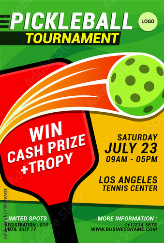 pickleball tournament flyer vector template with bright colors.